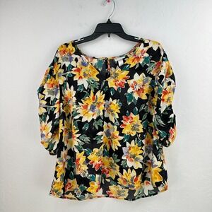 Ava & Viv Top Womens Blouse 1X Black Yellow Floral Balloon‎ Sleeve Vneck Flowy